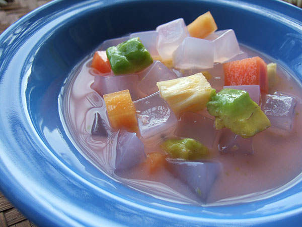 Sweetened nata-de-coco is used in making ice creams, puddings, pickles, deserts and fruit mixes. Credit: Midori.