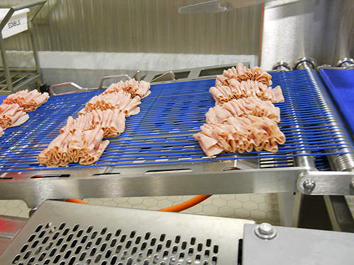 Processed meat on a conveyor belt.