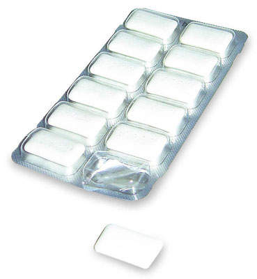Dragee pellet gum is now being packed in blister packs for freshness.
